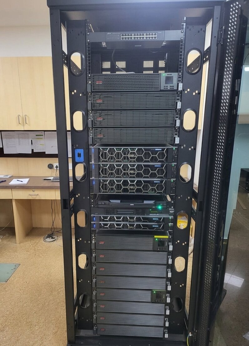 Live server rack lit up showing active status LEDs